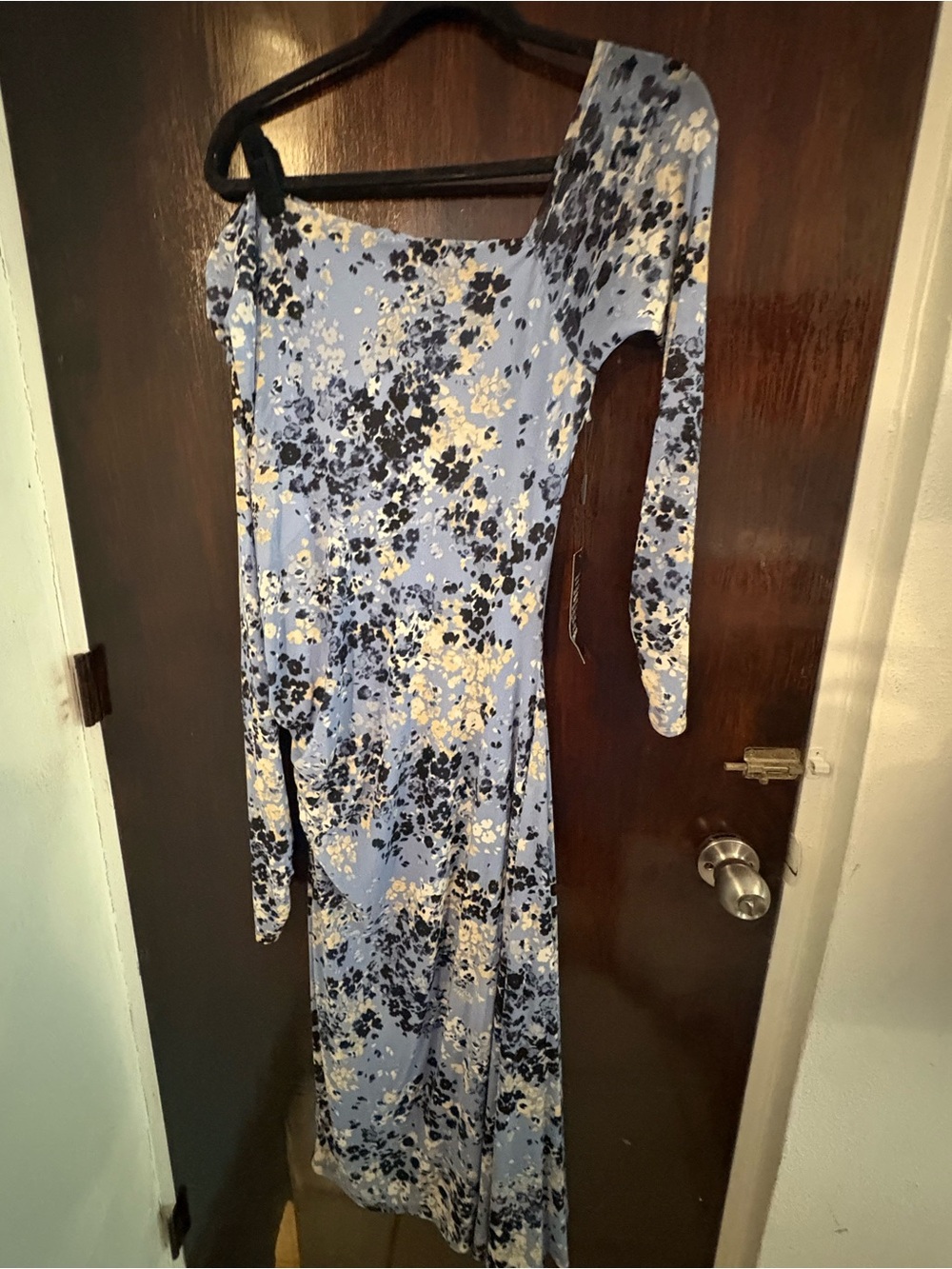 NWT White House Black Market One-Shoulder Blue Floral Maxi Dress. In sizes S & M